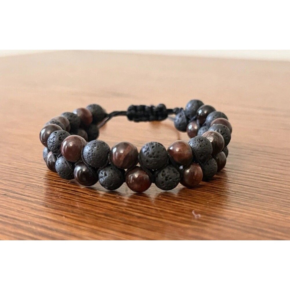 Natural Red Tiger Eye Lava Rock Double Row Braided Bracelet for Men Women